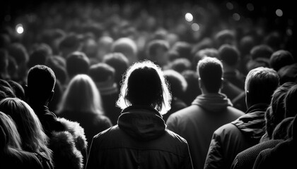 AI-generated illustration of a group of diverse individuals standing in a dimly lit concert venue.