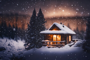 Fototapeta na wymiar winter country cabin mountain snow twilight evening snowy lights cozy illustration