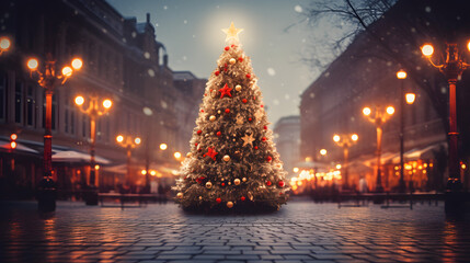 Christmas tree in city square at night - obrazy, fototapety, plakaty