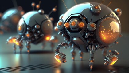 AI-generated illustration of robotic figures with glowing orange eyes in motion.
