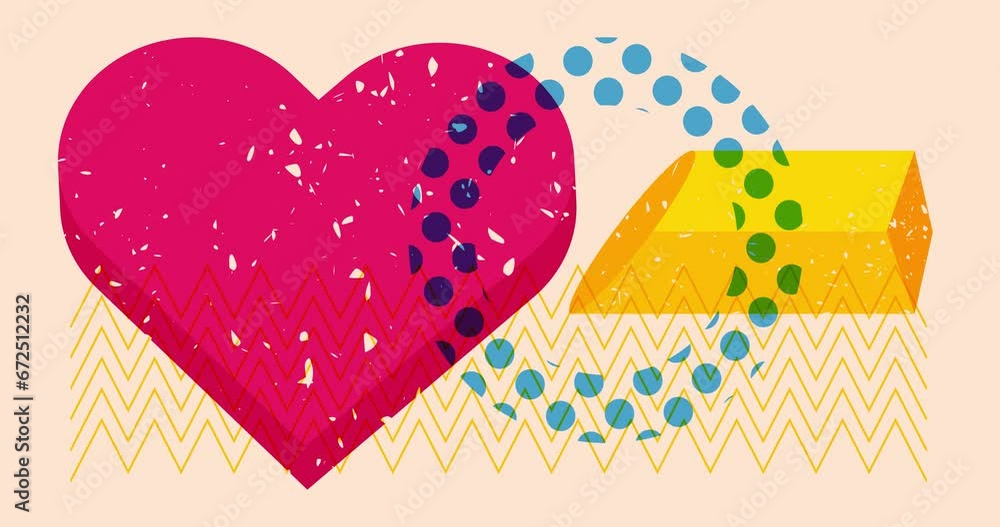 Poster risograph heart with geometric shapes animation. moving object in trendy riso graph design video.