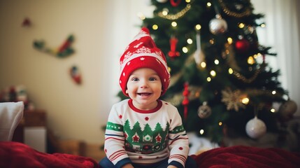 Happy child in cozy festive Christmas vibe. Christmas background with baby