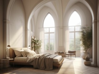 AI generated illustration of a cozy bedroom with arched windows, featuring a comfortable bed