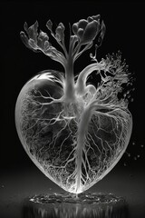 AI generated illustration of a glass heart container on a black background