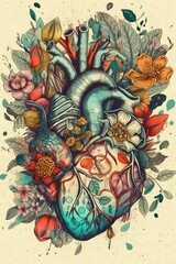 Fototapeta na wymiar AI generated illustration of a vibrant heart surrounded by colorful flowers
