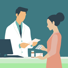 Fototapeta na wymiar A doctor is handing over a prescription to a female patient who is holding medication.