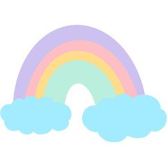 A colorful rainbow with fluffy clouds.