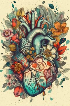 AI generated illustration of a vibrant heart surrounded by colorful flowers