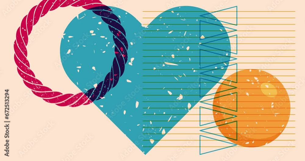 Poster risograph heart with geometric shapes animation. moving object in trendy riso graph design video.