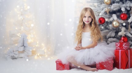 Happy child in cozy festive Christmas vibe. Christmas background with baby