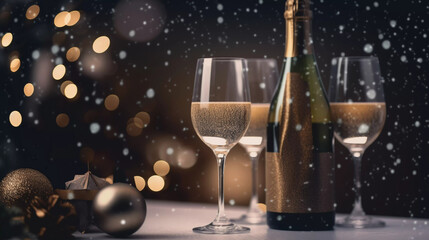 Glasses of wine with champagne bottle with blurred bokeh snowy background.Christmas party celebration concept.