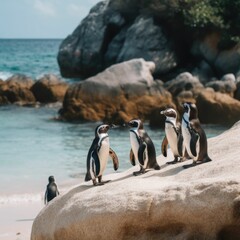 Fototapeta premium AI generated illustration of a flock of penguins waddling across a sandy beach