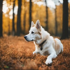 Obraz premium AI generated illustration of an adorable white dog resting in a lush field of grass