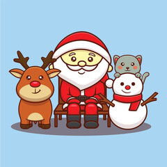 santa claus reindeer snowman and cat christmas cartoon vector illustration