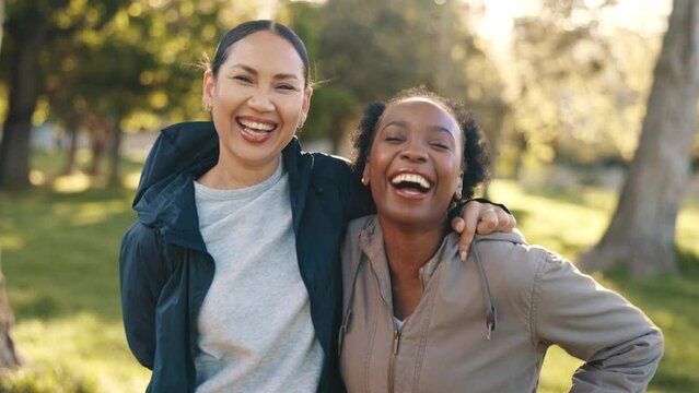 Face, exercise and friends laughing in the park during a workout in summer for health or wellness. Portrait, fitness and smile with funny athlete women on a field for marathon training together