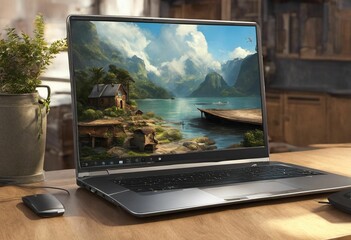 AI generated illustration of a laptop computer atop an elegant wooden desk