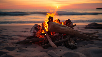 a bonfire on a beach with a bottle of wine