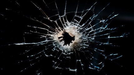 a bullet hole in a glass window with a black background - obrazy, fototapety, plakaty
