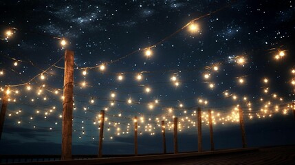 many white lights are suspended over a pier with a night sky