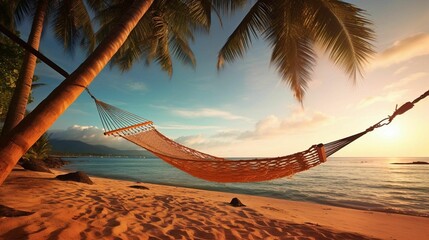 Tropical beach with a hammock and palm trees, AI-generated. - obrazy, fototapety, plakaty