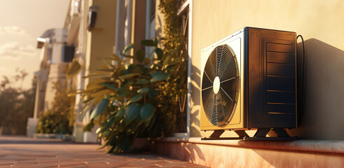 air conditioner on building wall in warm climate at sunset