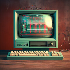 a retro computer with a screen showing on it, in the style of  dark cyan and red