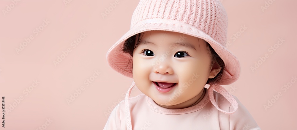 Poster Joyful infant female adorned with headwear