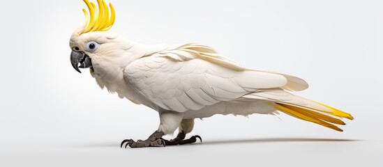 The sulphur crested parrot has a beak that is black and a crest that is yellow and it is white in color - obrazy, fototapety, plakaty