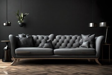 a grey sofa, mini table, against black background, attractive scene,