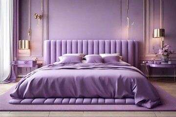 pastel purple luxury bed,  side table , in the bedroom, attractive looks,