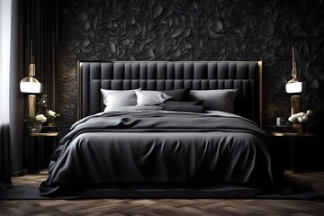 black luxury bed,  side table , in the bedroom, attractive looks,
