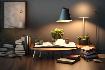 a beautiful simple reading table, with books, and a lamp,