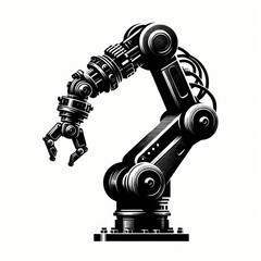 Modern Robotic Arm Icon - Simplified Black Silhouette with Articulated Joints and Precision Gripper on White Background for Technological Applications