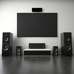 AI-generated illustration of a flat-screen television mounted on the wall above a pair of speakers.