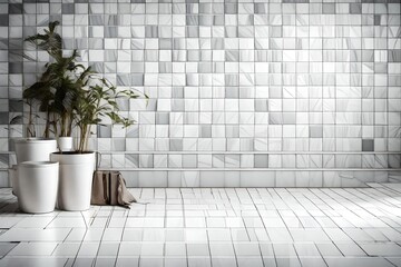 a white tiles floor, with a wall of checked wallpaper,