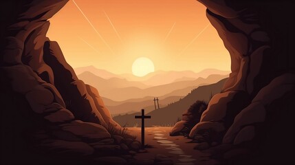 AI generated illustration of Jesus Christ empty tomb with a cross on a mountain against a sunrise