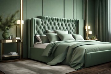 sage green luxury bed,  side table , in the bedroom, attractive looks,