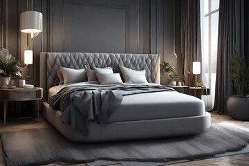 Fototapeta premium grey luxury bed, side table , in the bedroom, attractive looks,