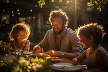 cheerful family having fun, sitting at the table at summer garden in leafy inner courtyard under the evening sun rays - obrazy, fototapety, plakaty