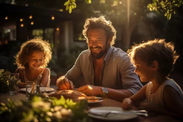Fotobehang cheerful family having fun, sitting at the table at summer garden in leafy inner courtyard under the evening sun rays © Olesia Bilkei