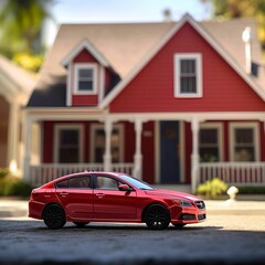 AI generated illustration of a vibrant red automobile is parked in front of a picturesque red house
