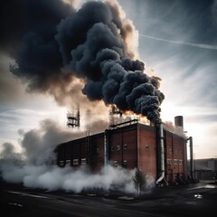 AI generated illustration of a tall concrete factory emitting a plume of smoke from its rooftop