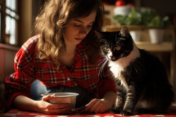 woman in a red checkered shirt feeds her black-and-white cat in the kitchen