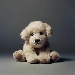 AI generated plush dog made from soft fur on gray background