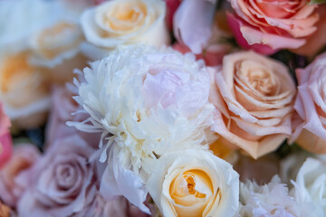 Bouquet of Flowers on Porch - Roses, Peony - White, Peach, Pink, Blush, Orange, Yellow, Green, Mauve - Wedding, Ceremony, Reception, Bokeh, Blur, Background, Backyard, Afternoon, Sunny, Arrangement © Farewell