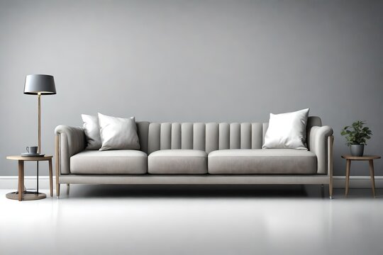 a grey sofa, mini table, against white background, attractive scene,