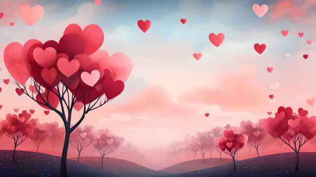 Happy Valentine's Day Background Illustration of Heart-Shaped Tree at Sunset.