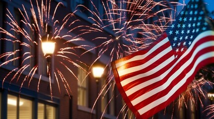 American flag with fireworks in the background. 4th of July. AI-generated.