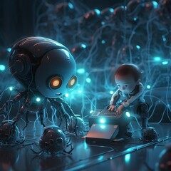 AI generated illustration of robotic spider figures in neon blue lights
