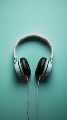 Pair of headphones on top of a turquoise background. AI-generated.